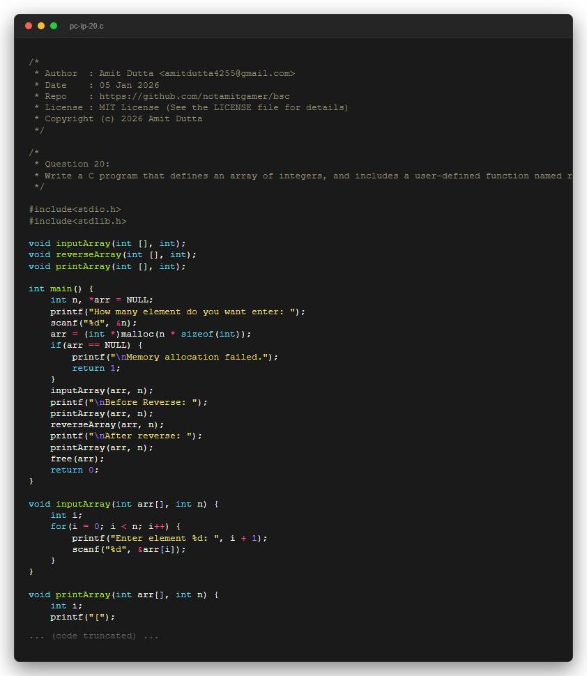 Question 20: Write a C program that defines an array of integers, and includes a user-defined function named reverseArray with the signature void reverseArray(int arr[], int size);.